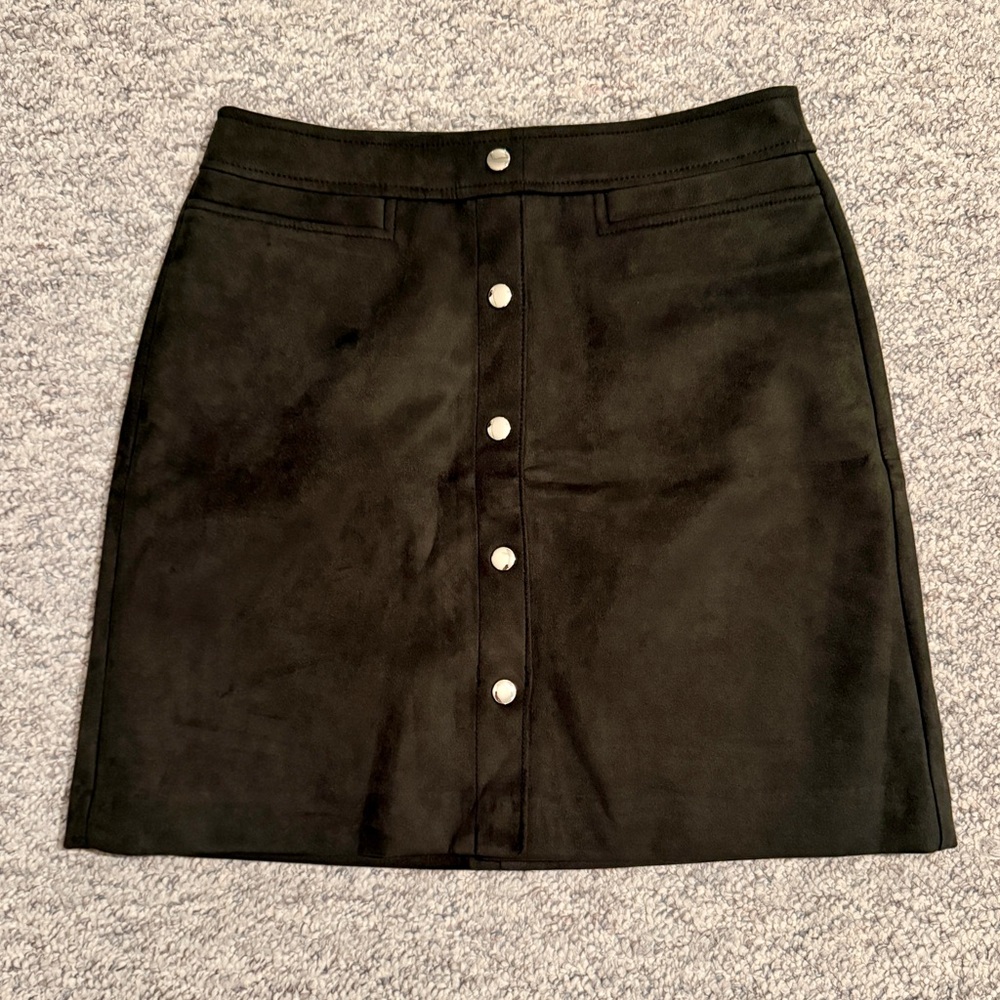 Olive Button-Front Suede Skirt